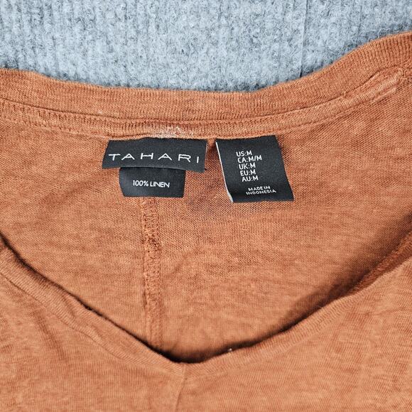 Tahari Shirt Womens Medium Linen Short Sleeve V Neck Lightweight Summer Coastal - Picture 2 of 5